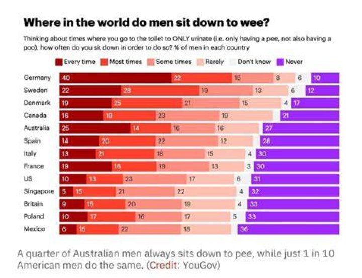 In what countries do men pee sitting down?
